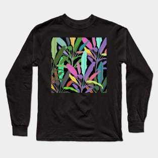 Tropical Colorful Banana Leaves Black Pattern Long Sleeve T-Shirt